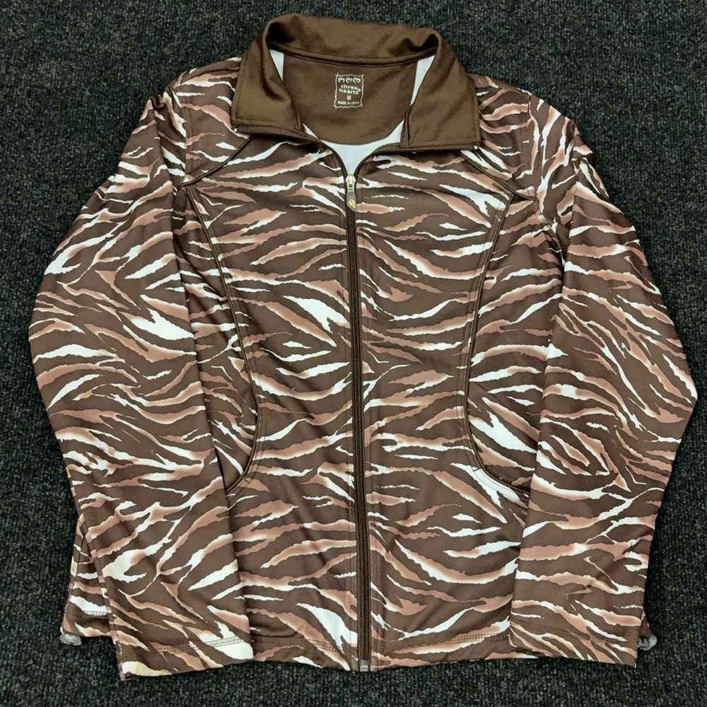 Three Hearts Tracksuit Womens M Brown Animal Print Zip Sweatsuit 2 Piece Set